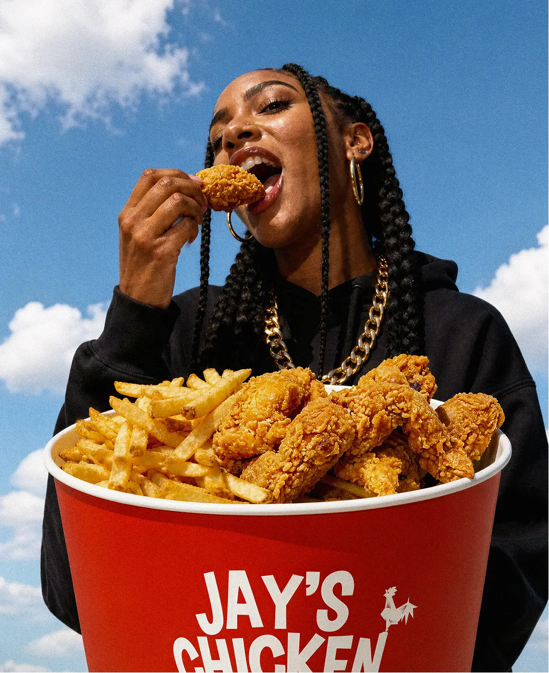 Girl enjoying Jay's Chicken